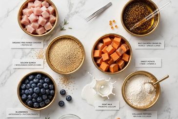 Various healthy food ingredients labeled with their benefits.