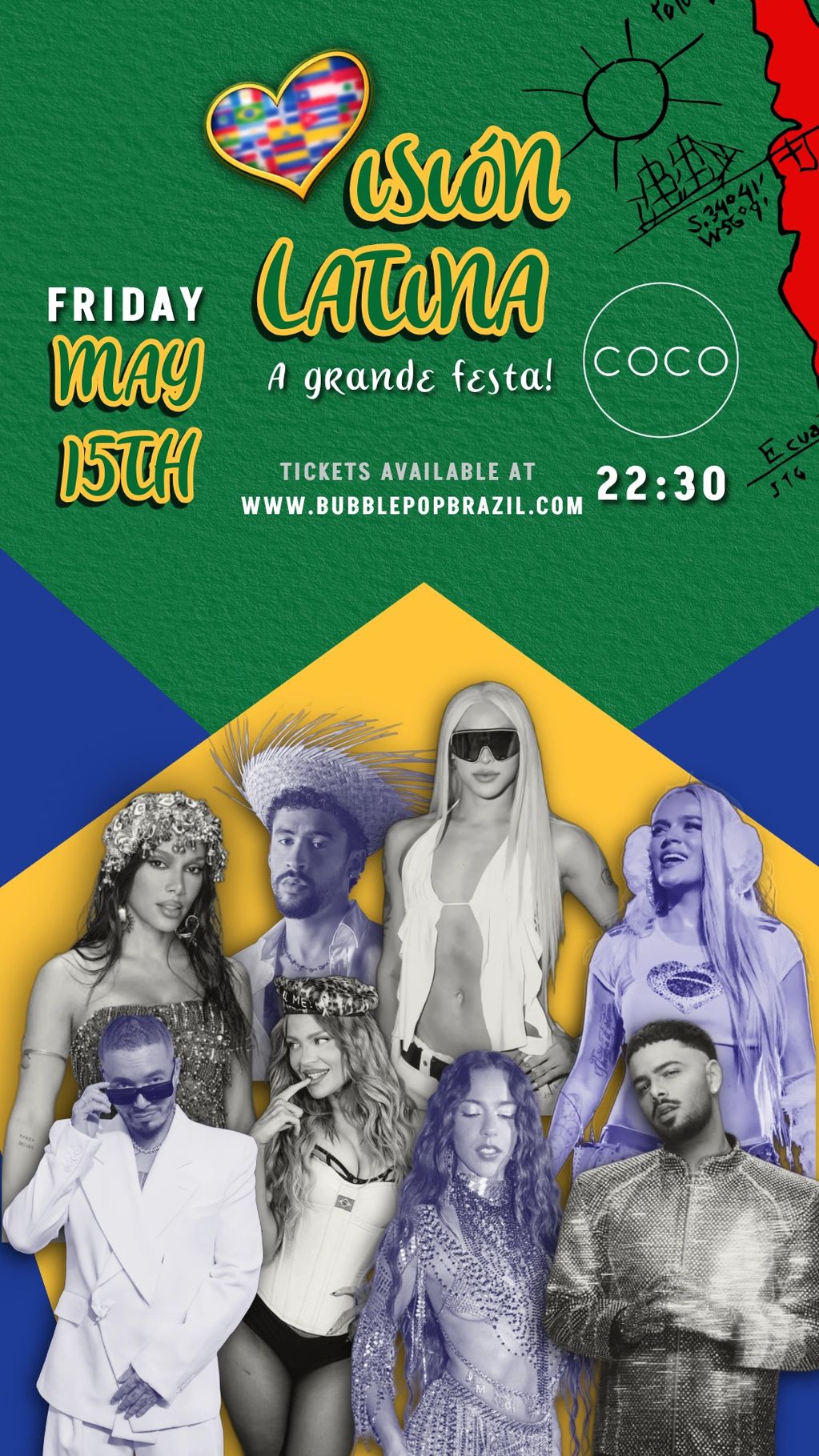 Poster for the Usión Latina event on May 15th at Coco, featuring various performers.