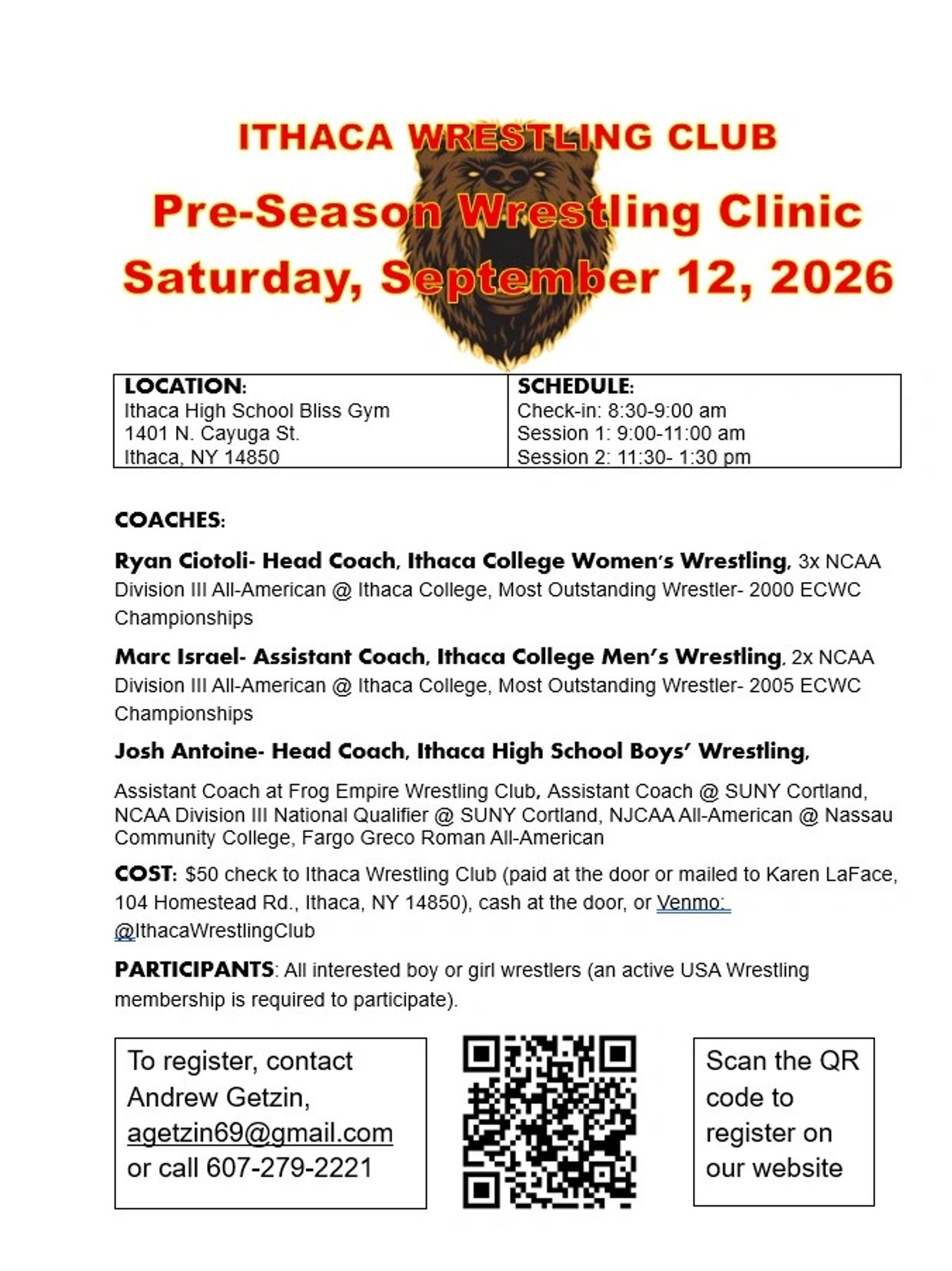 Ithaca Wrestling Club Pre-Season Wrestling Clinic flyer for September 12, 2026.