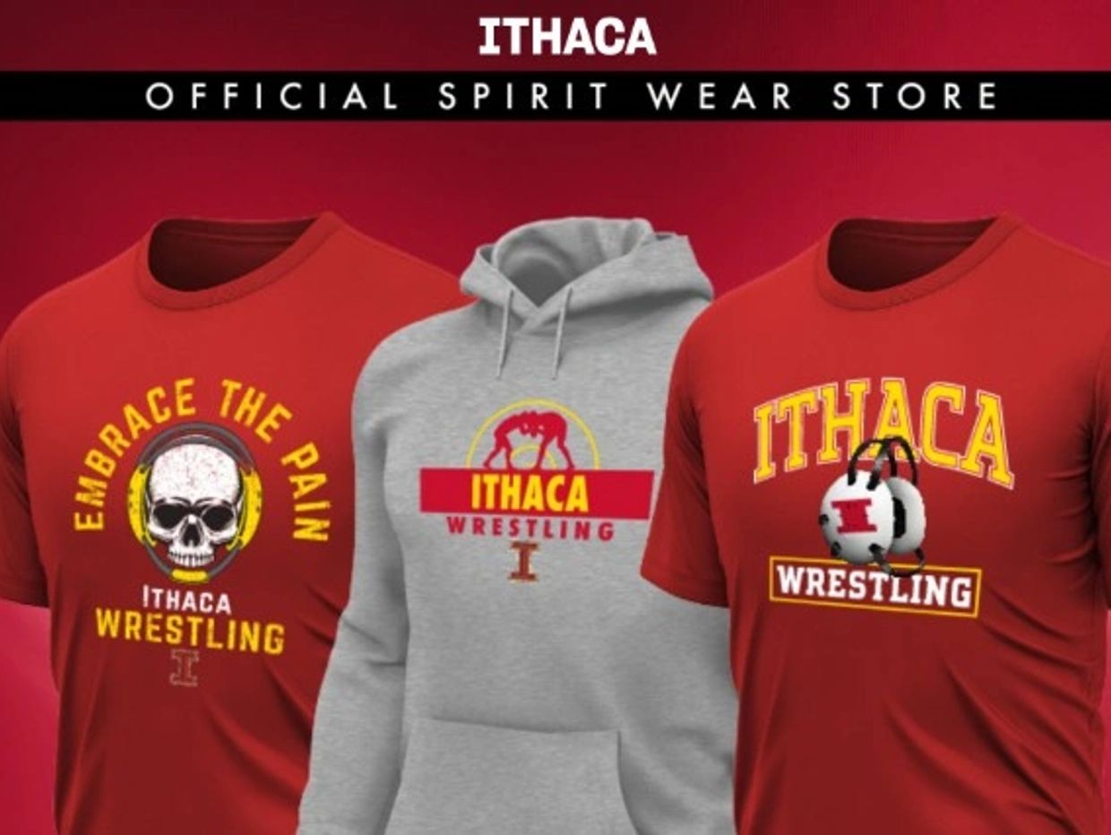 Ithaca wrestling spirit wear in red tees and gray hoodie.