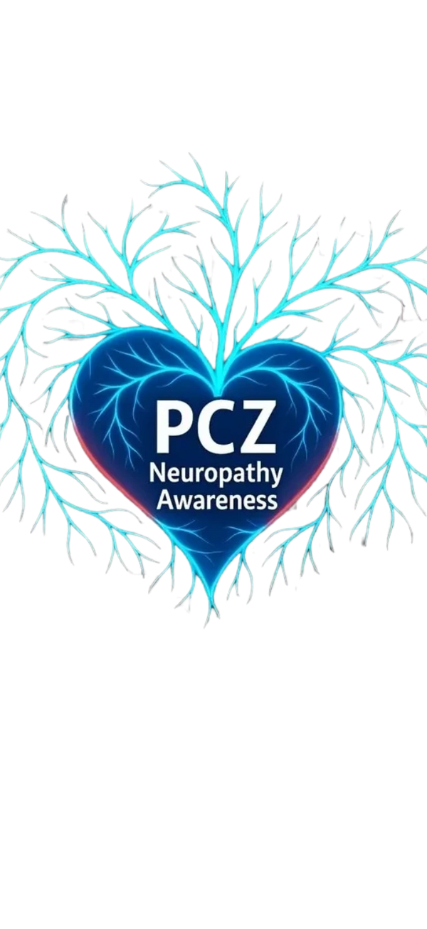 A blue heart with branching nerves and PCZ Neuropathy Awareness text.