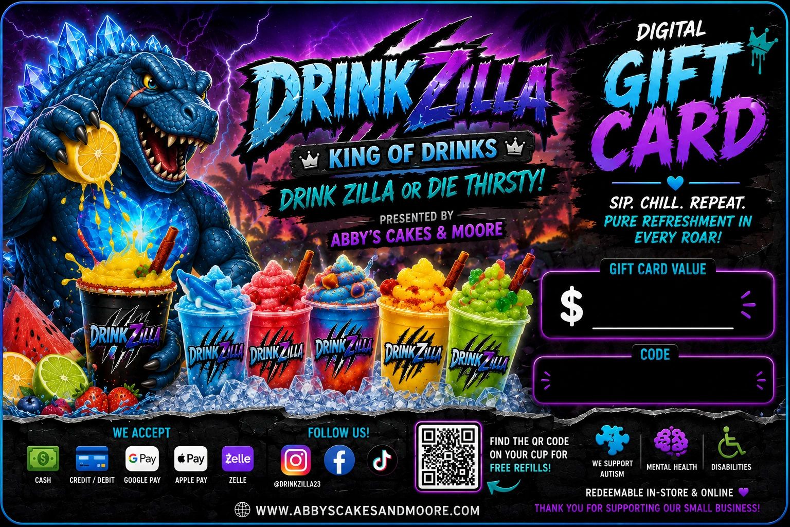 Digital Drinkzilla gift card with colorful drinks and Godzilla theme.