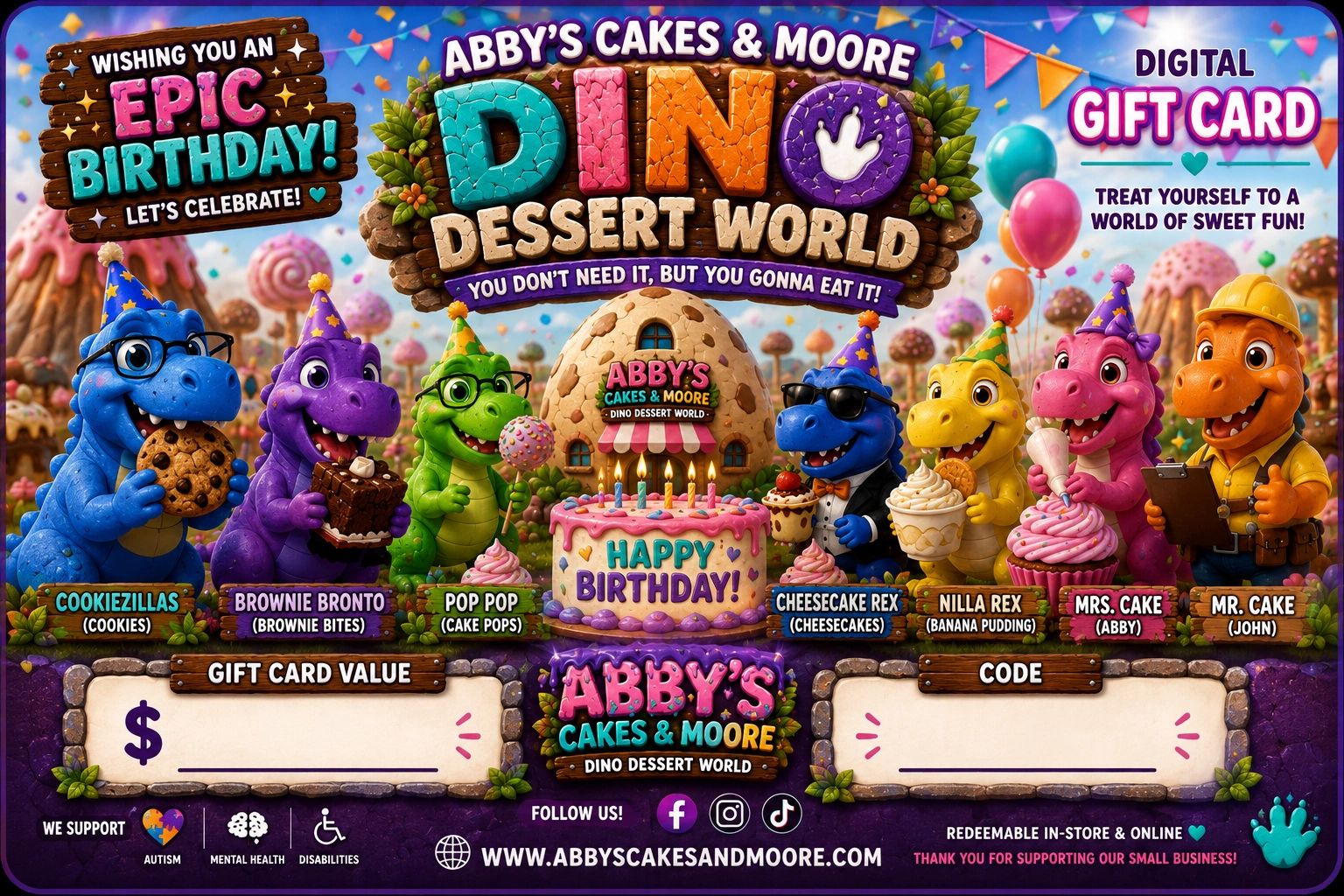 Colorful dinosaur-themed birthday digital gift card for Abby's Cakes &amp; Moore.