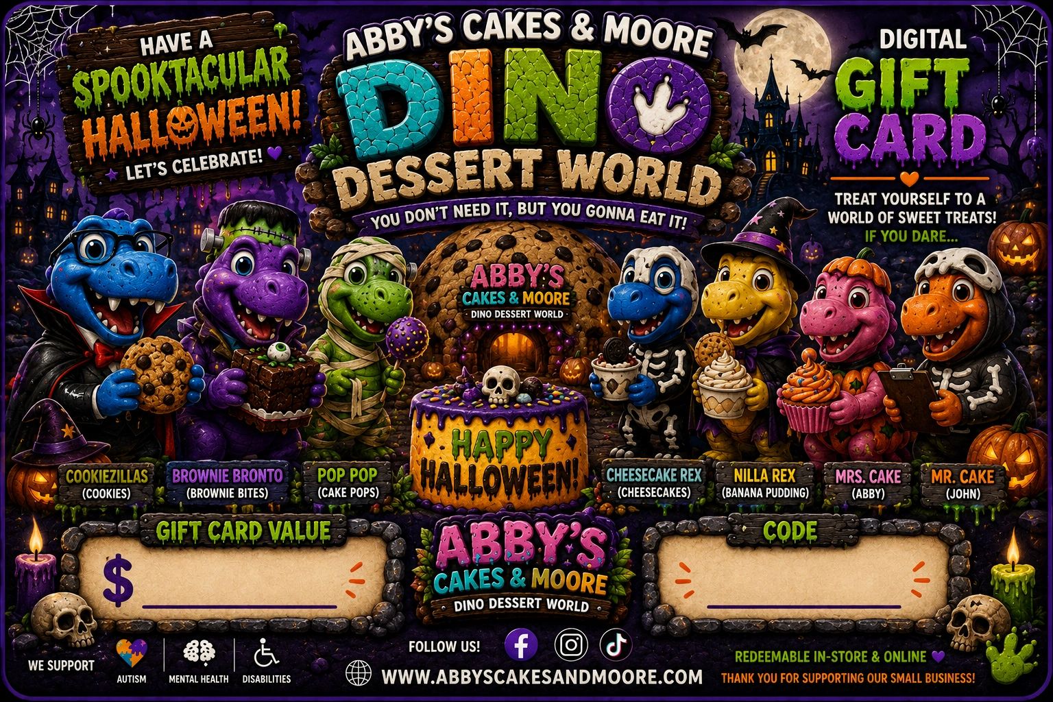 Halloween-themed digital gift card for Abby's Cakes &amp; Moore Dinosaur Dessert World.