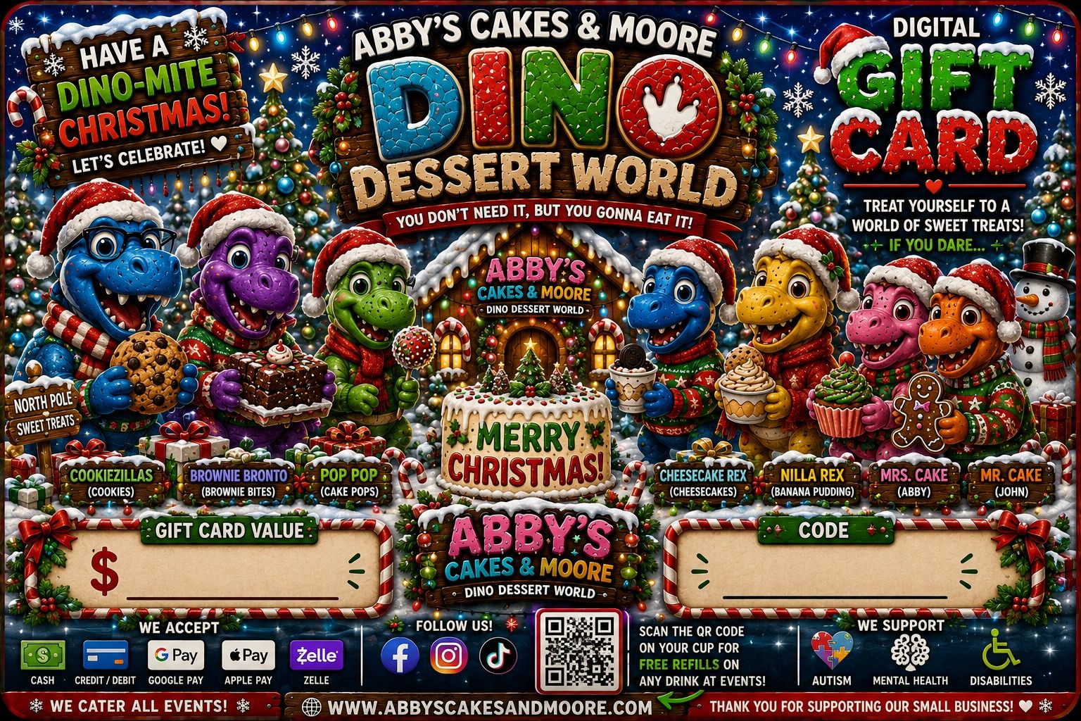 Christmas-themed advertisement for Abby's Cakes &amp; Moore Dino Dessert World and digital gift cards.
