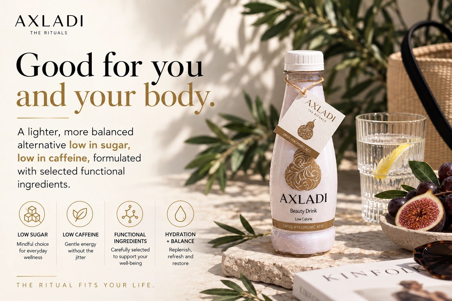 AXLADI Beauty Drink with low sugar and caffeine, promoting hydration and balance.