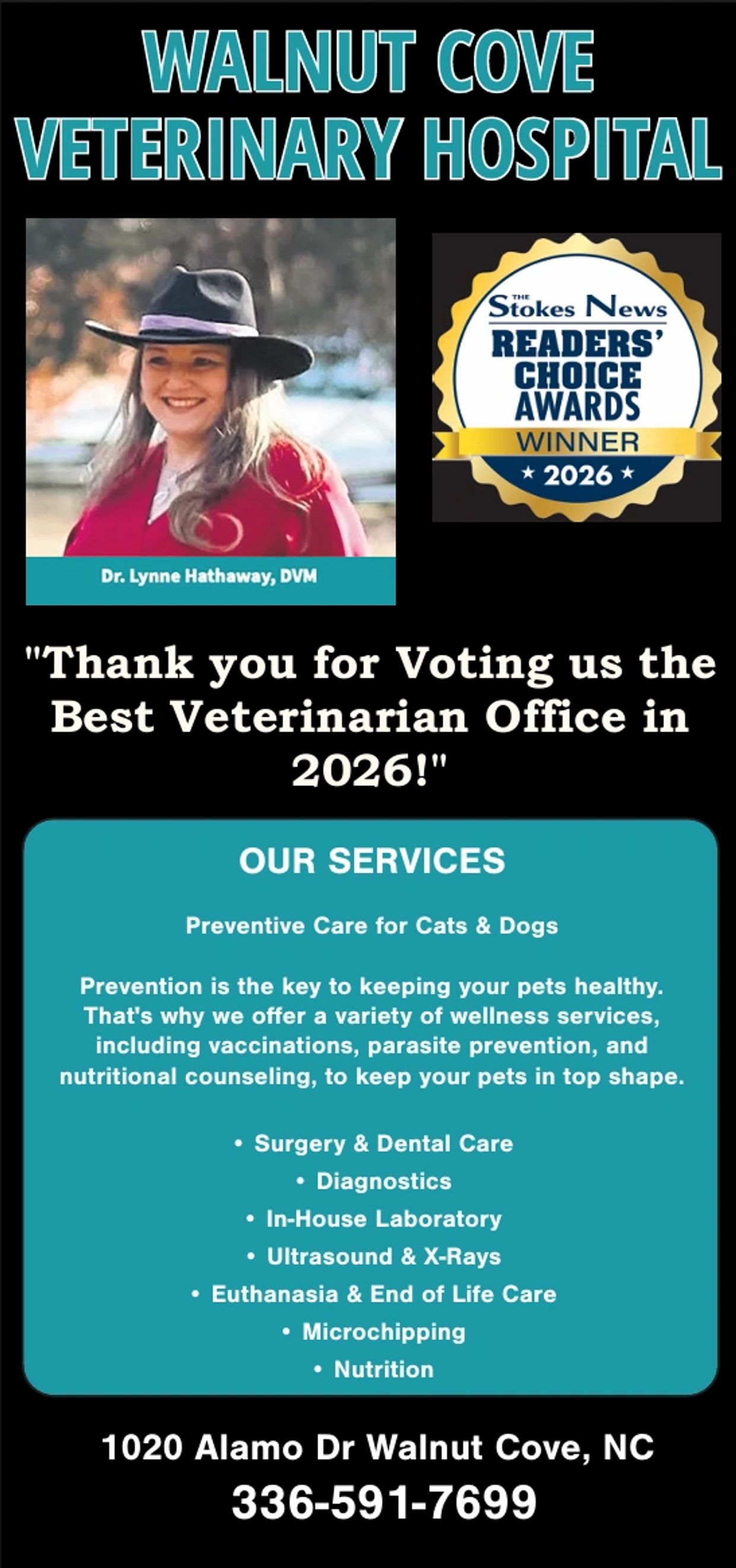 Walnut Cove Veterinary Hospital offers comprehensive pet care and won the 2026 Readers' Choice Awards.