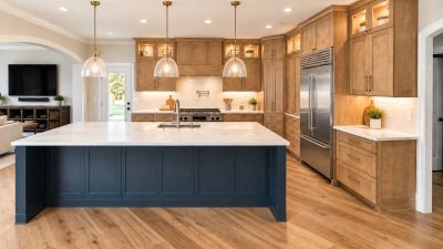 Modern kitchen with wooden cabinets and large island.