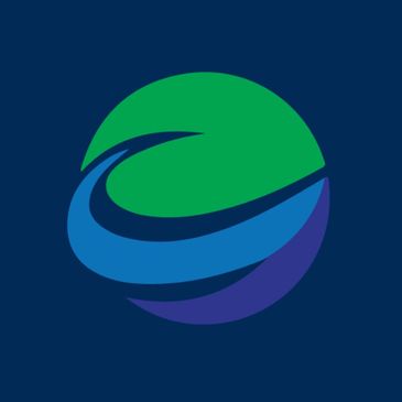 Abstract globe logo with green, blue, and purple segments on dark background.