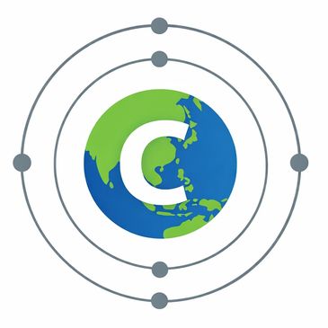 Earth with a large letter C and orbiting dots symbolizing atomic structure.