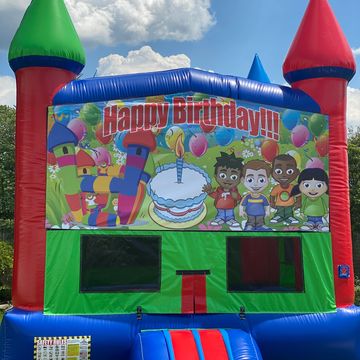 Book this amazing bouncer for your next birthday! A basketball hoop and two basketballs included. 