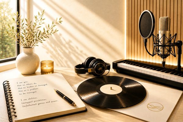 Handwritten lyrics, vinyl, microphone, and keyboard in a modern music studio.