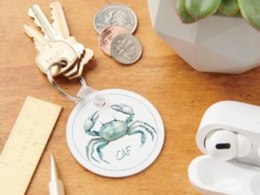 Watercolor blue crab keychain.