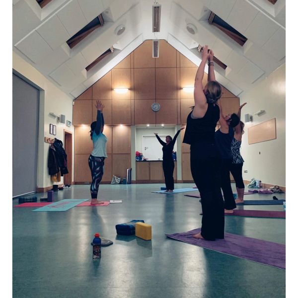 Group of people practicing yoga indoors.