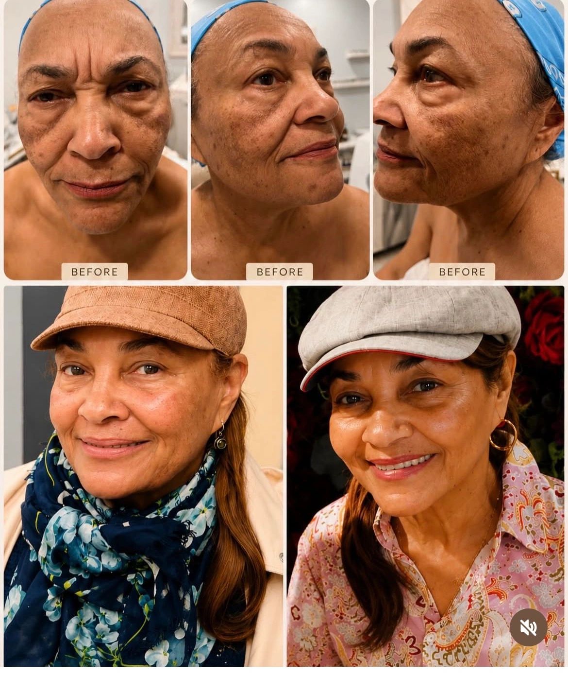 Before and after photos showing a woman's facial skin transformation and improved complexion.
