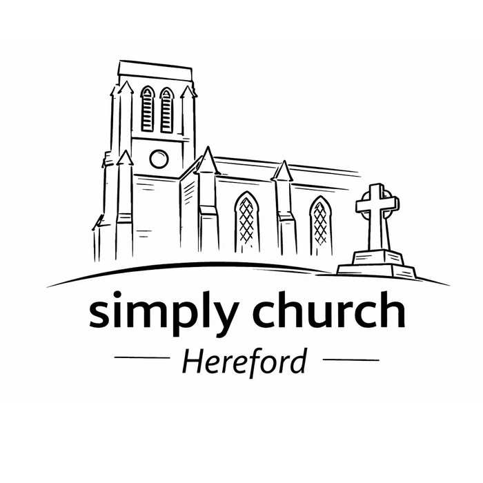 Traditional church building with a cross standing to the right. Words"Simply Church Hereford" under