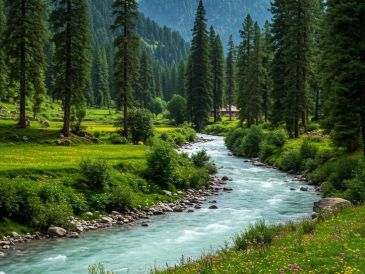A serene river flowing through a lush green forest with tall pine trees.