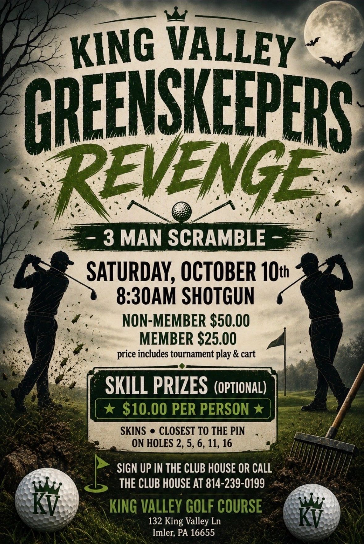 Golf scramble event poster with Halloween theme.