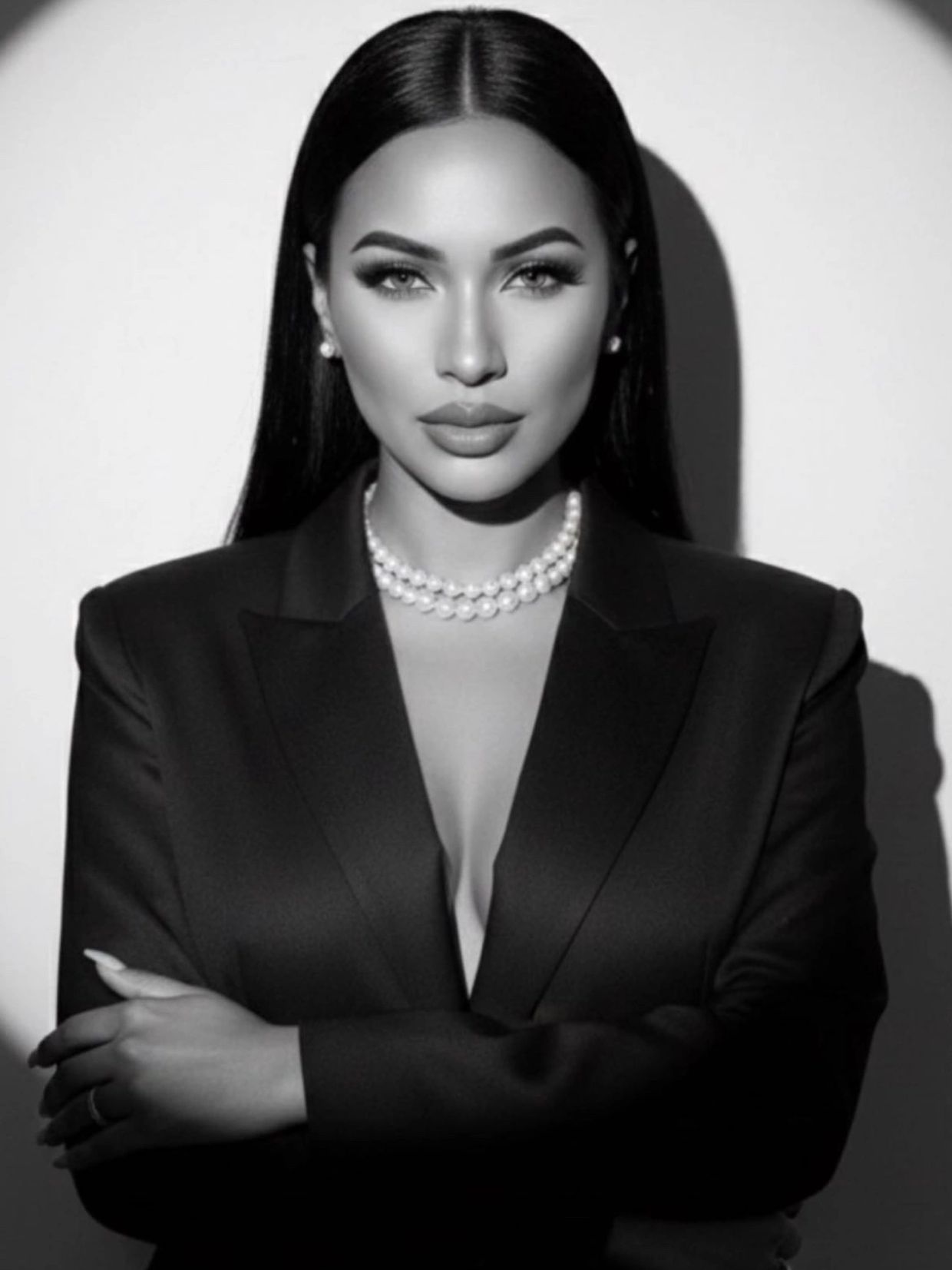Elegant woman in black blazer and pearl necklace.