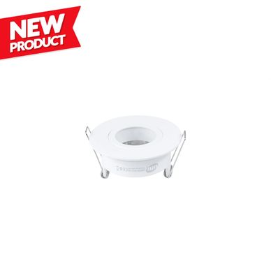 White recessed LED downlight fixture with mounting clips, labeled as new product.