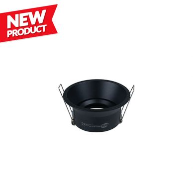 Black recessed ceiling light fixture with mounting clips, new product.