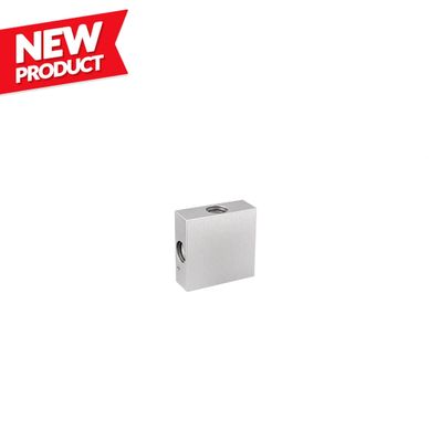 Small silver rectangular metal block with threaded holes, labeled as new product.