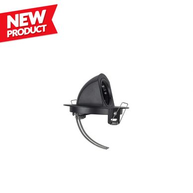 Black wall-mounted outdoor light fixture with curved arm and protective cage.