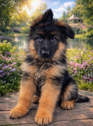 Adorable German Shepherd puppy sitting on a wooden path.