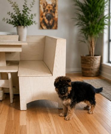 Small German Shepherd puppy indoors beside wooden bench.
