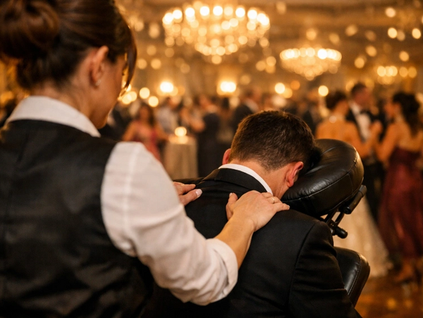 A man in a suit receiving a shoulder massage at a formal event.
