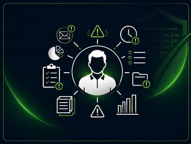 User profile surrounded by alert icons and data symbols.