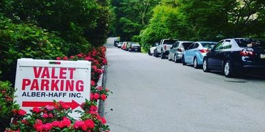 line of cars on a suburban street in Princeton New Jersey for a private pool party 