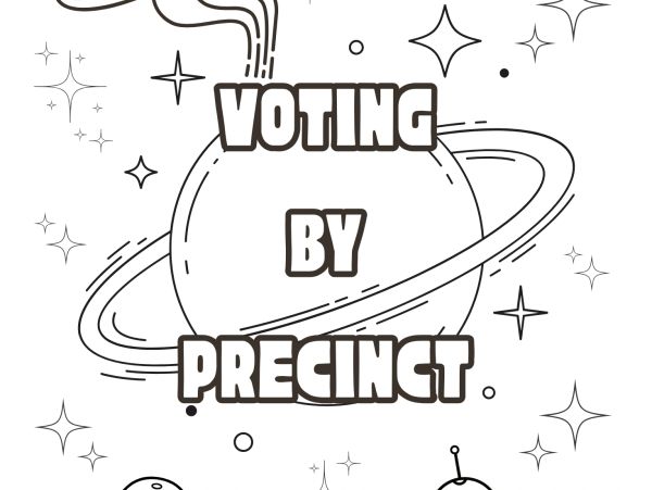 Voting by precinct text with space theme.