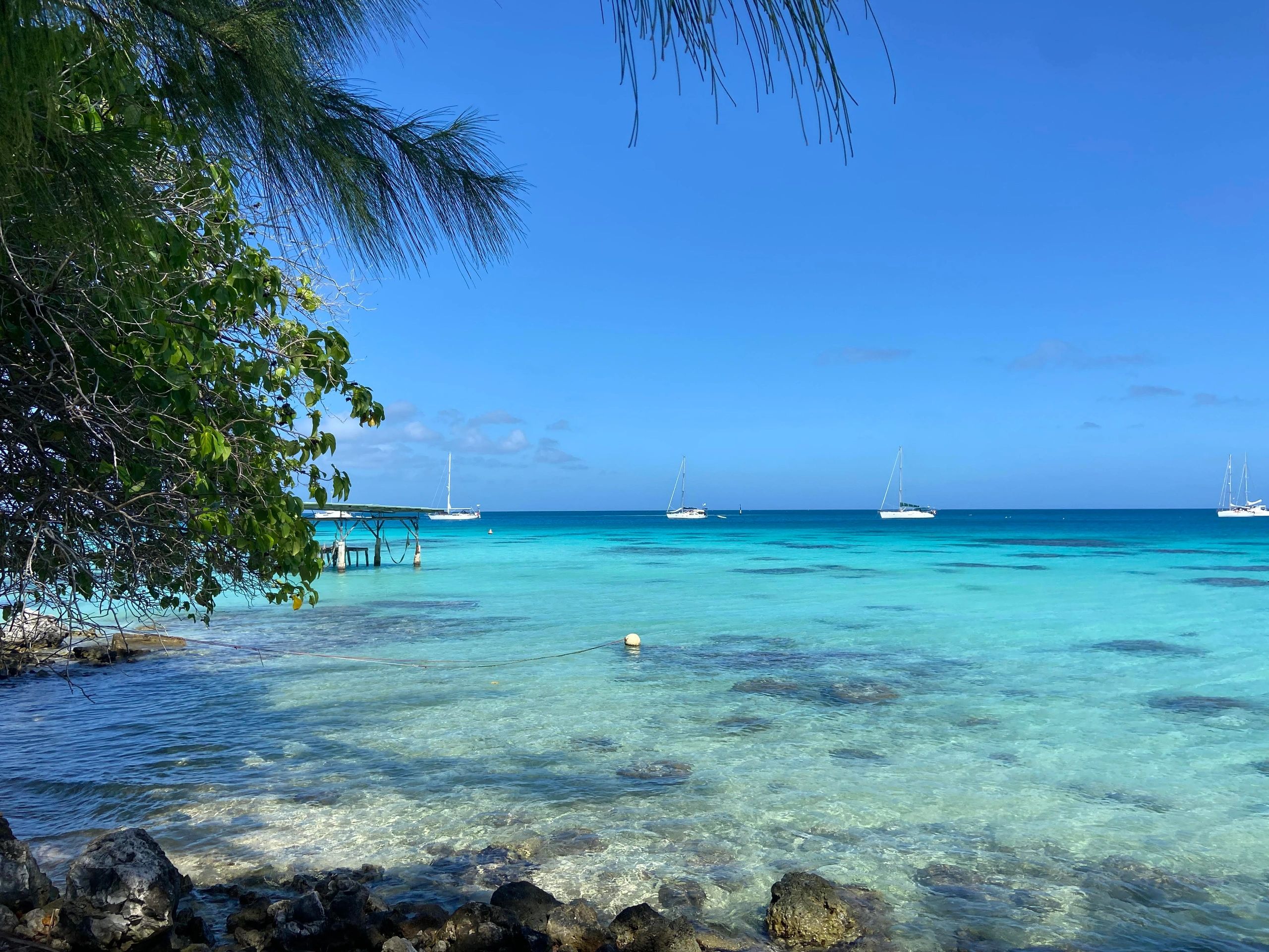 Clear turquoise sea with anchored sailboats and lush greenery under a bright blue sky.