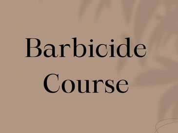 Text reading 'Barbicide Course' on a brown background.