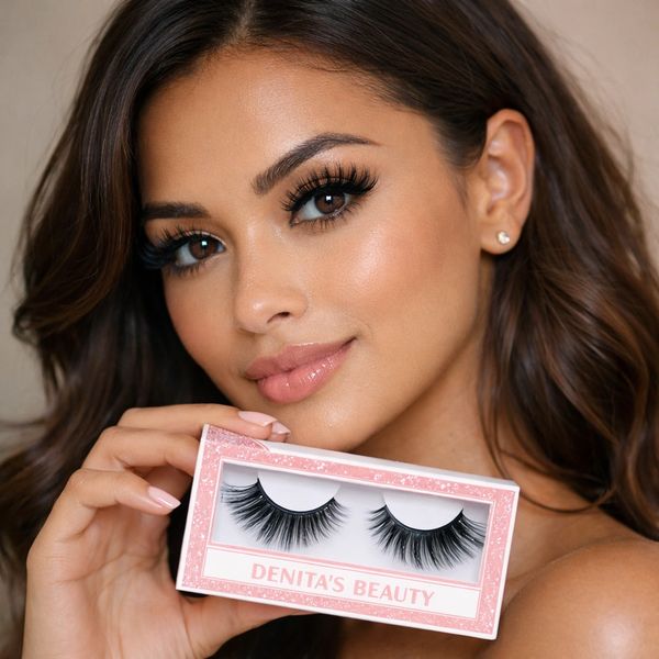 Woman showcasing Denita's Beauty false eyelashes with flawless makeup.
