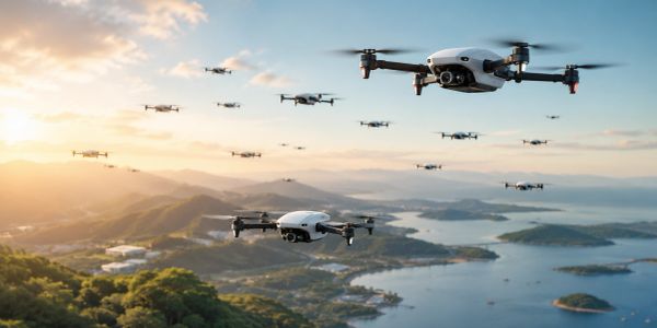 A fleet of drones flying over a scenic coastal landscape at sunset.