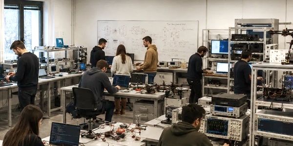 Students working on electronics and computers in a busy lab.