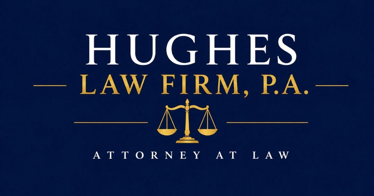 Logo of Hughes Law Firm with scales of justice.