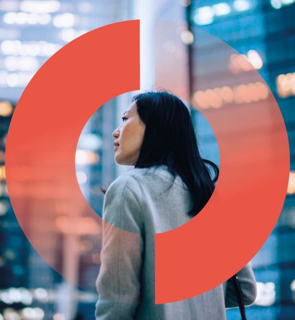 Woman in city with overlay graphic