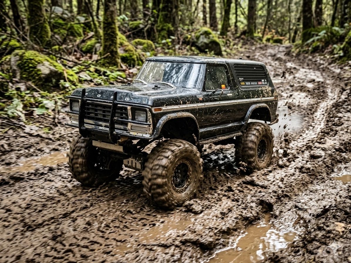 A black off-road vehicle driving through a muddy forest trail.