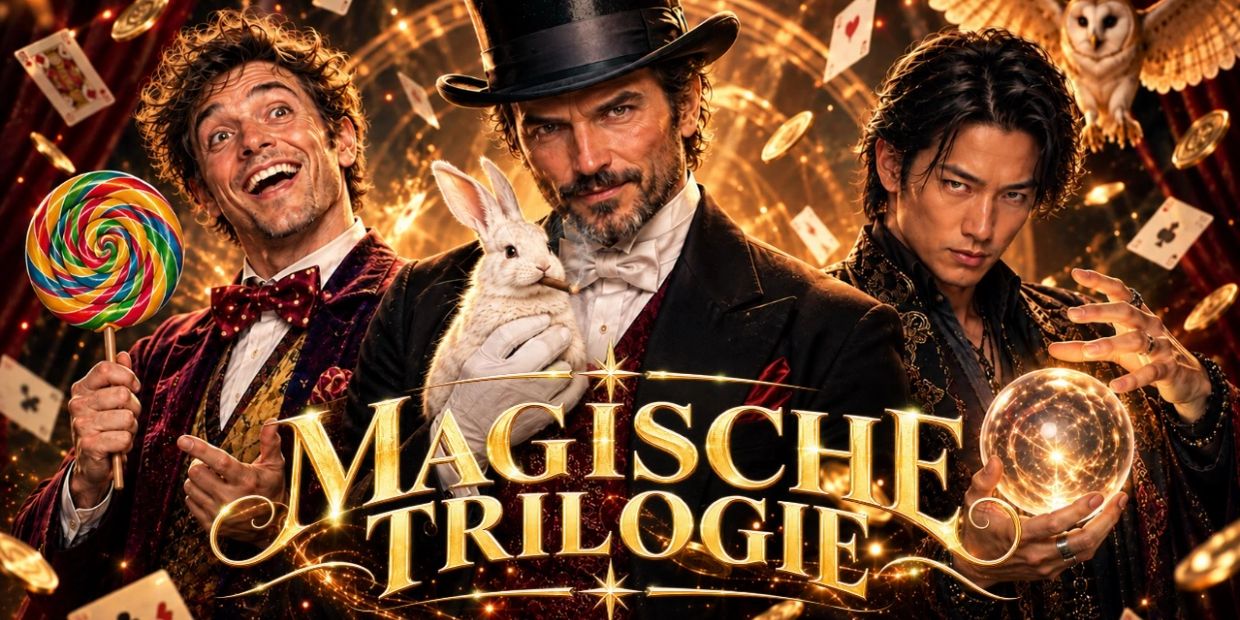 Drei Magier mit magischem Flair und Schriftzug.