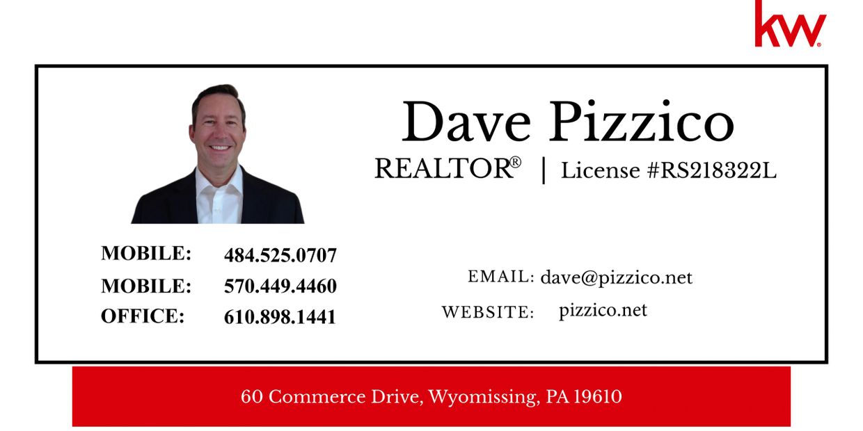 Real estate business card for Dave Pizzico with contact details and photo.