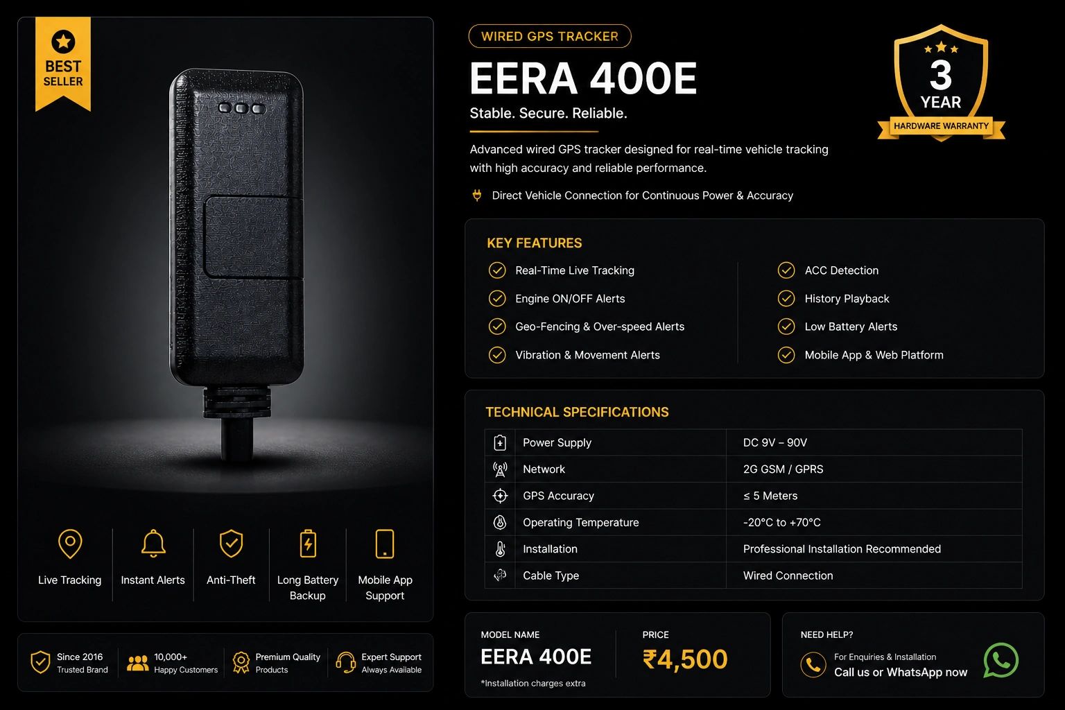 EERA 400E wired GPS tracker with real-time tracking and alerts, 3-year warranty.
