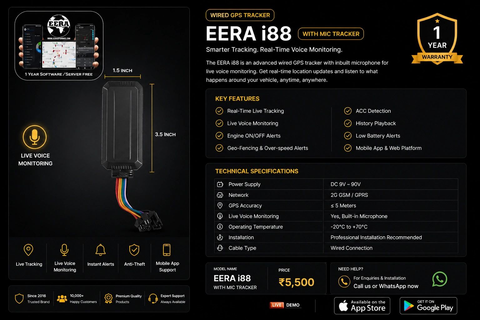 EERA i88 wired GPS tracker with live voice monitoring and real-time alerts.