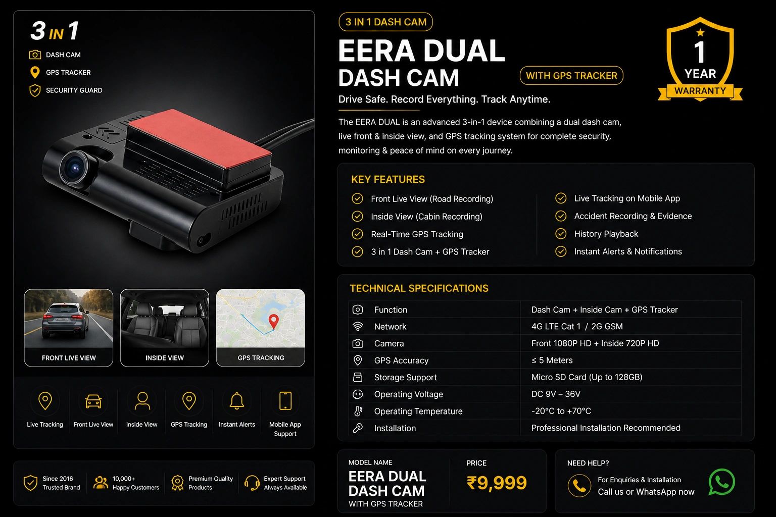 EERA Dual Dash Cam with GPS tracker offers front and inside views, real-time tracking, and instant alerts for complete vehicle security.