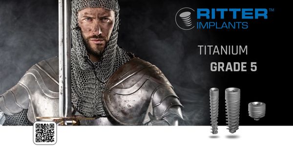 Medieval knight in armor promoting Ritter Titanium Grade 5 implants.