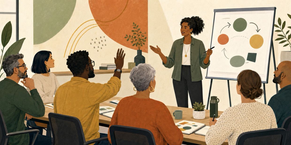 A woman presenting to a group in a meeting room.