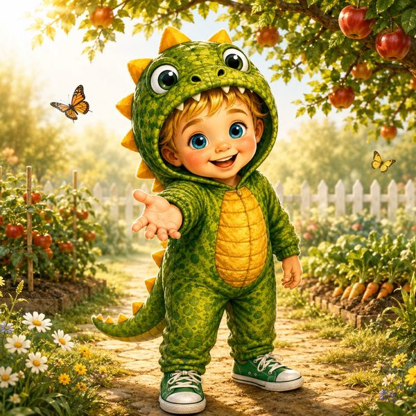 Toddler in dinosaur costume reaching out in garden.