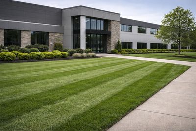 Modern office building with manicured lawn and landscaping.